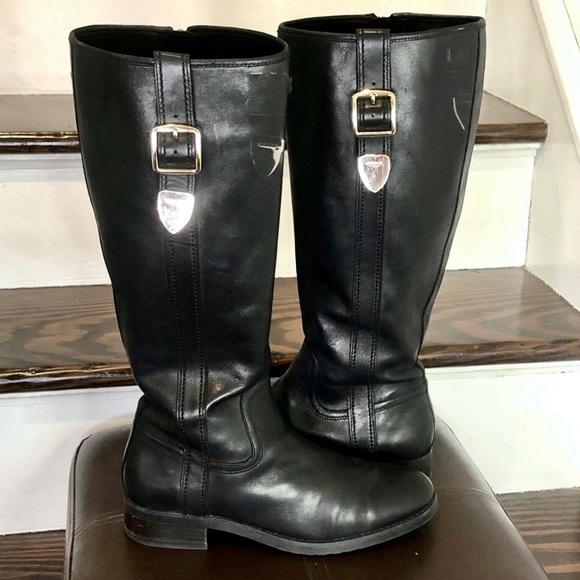 COACH Black Leather Knee High Moto Riding Boots Sz 7-1/2 - Picture 1 of 16